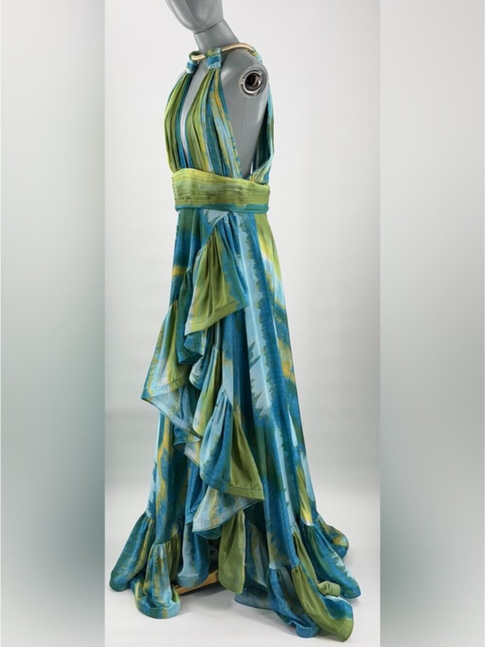🆕 BRONX & BANCO 🧿 NWOT Palma Coastal Ruffle Hi-Low Gown, Blue Green, Sz L US 8 - Picture 5 of 16